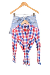 חולצה מכופתרת משובצת בגווני אדום כחול- S-M